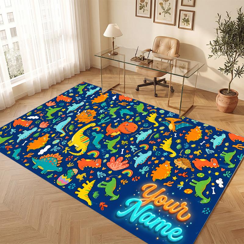 Dinosaur Theme Soft Crystal Velvet Rug Custom Name & Text Print Non Slip Floor Rug for Bedroom Living Room