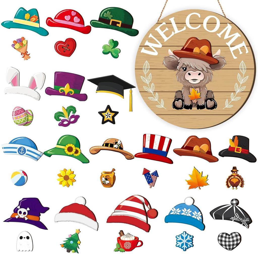 Halloween Gnome Welcome Sign with Magnetic Removable Hats DIY Gnome Door Sign Decor Multi-Purpose Creative Wood Decoration Plate