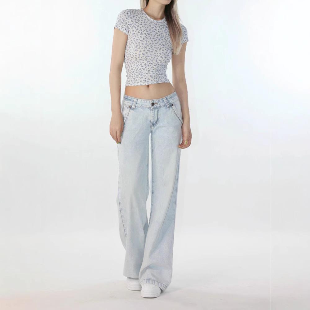 Hüftjeans, Amerikanische Retro-Jeans, Damen Casual Gewaschene Straight-Leg Hose