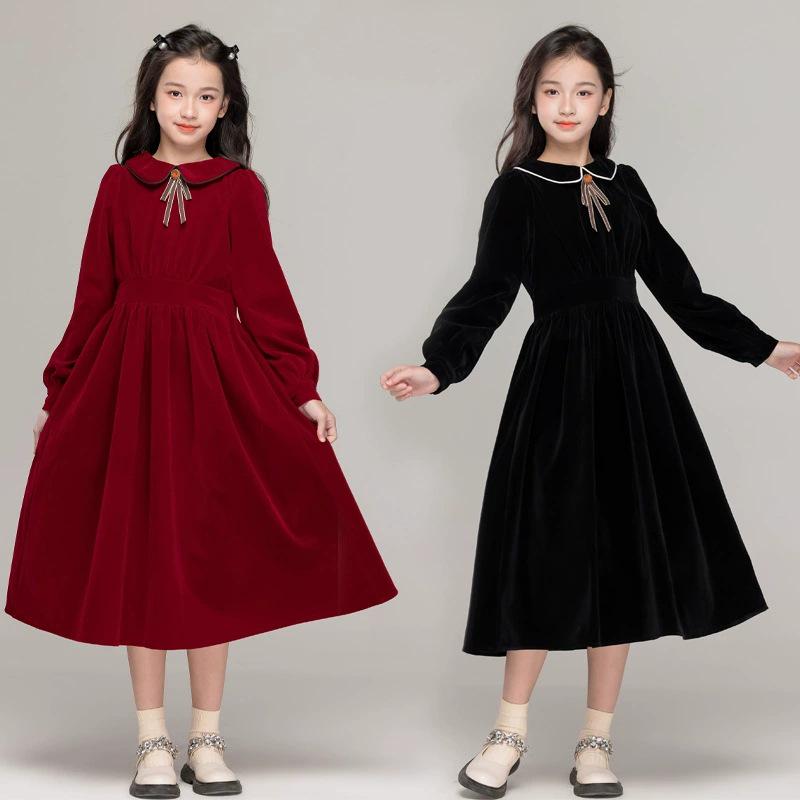 

Girls Autumn/Winter Peter Pan Collar Dress - Trendy Solid Color Princess Style 150 cm червоний
