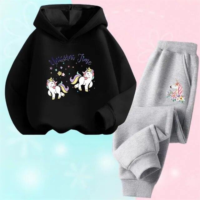 Cartoon Einhorn Pony Kapuzen Baumwollanzug für Mädchen Hoodies und Hosen zweiteilige Outfits Frühling Herbst Sportkleidung 3-14 Jahre