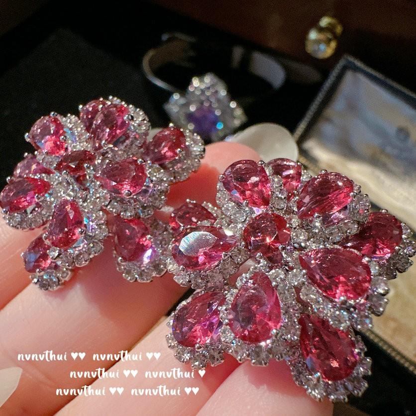 Papalacha Flower Gemstone Earrings, Margaret, Plated With 18K Gold, Rouge Pink Rose Zircon Ring.