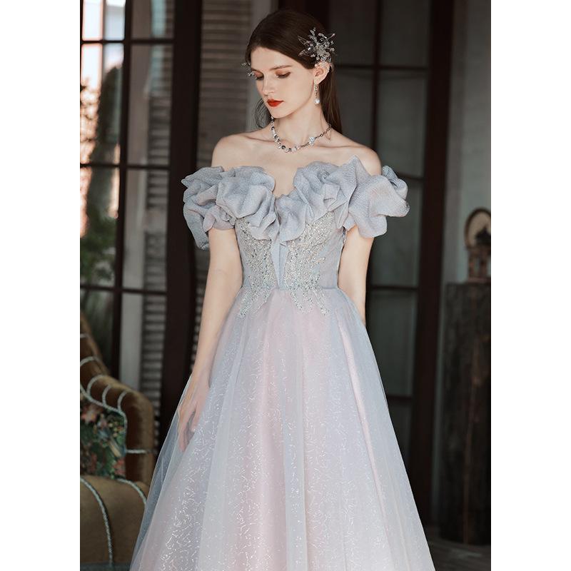 One-word Shoulder Evening Dress Dress Women's 1011 New Birthday Party Temperament French Socialite Host Atmospheric Dress