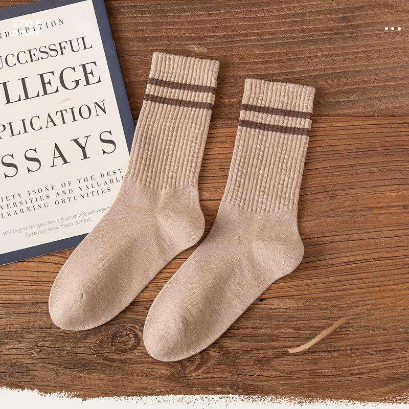 Men's Spring and Autumn Vintage Pure Cotton College-style Long Socks, Versatile Double-bar Mid-calf Socks for Autumn and Winter