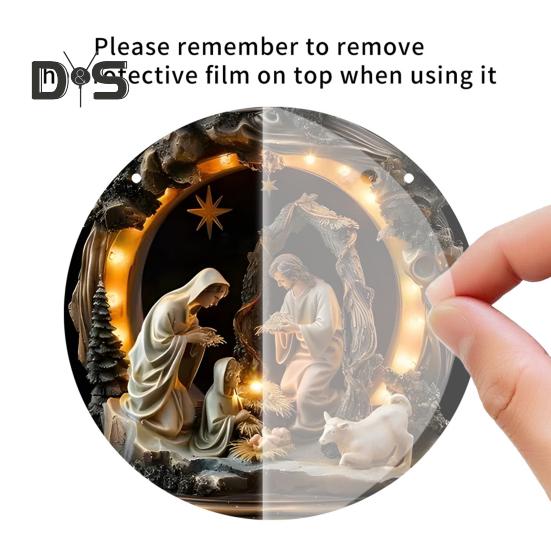 Weihnachtskrippe, rund, Acryl, Heilige Familie, Hängedekoration für Weihnachten, Zuhause, Tür, Wand, Fenster