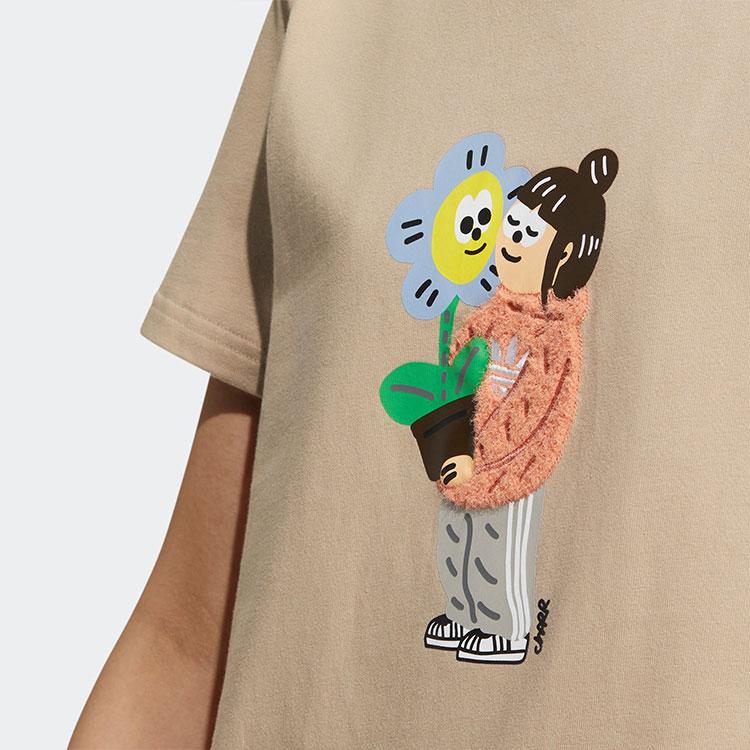 Adidas Originals Trefoil Cartoon Character Print Round Neck Short Sleeve T-Shirt Women Tops Khaki-Brown HR3473