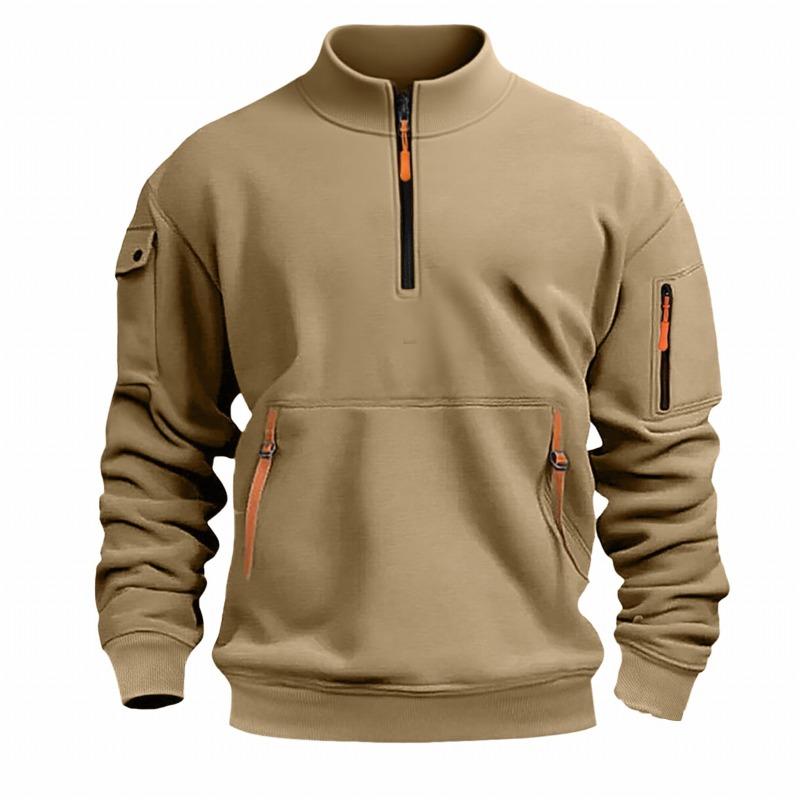 Stand-up Collar Spring and Autumn Men's Sweatshirt Zipper Multi-pocket Semi-zipper Pullover Sports and Casual Top