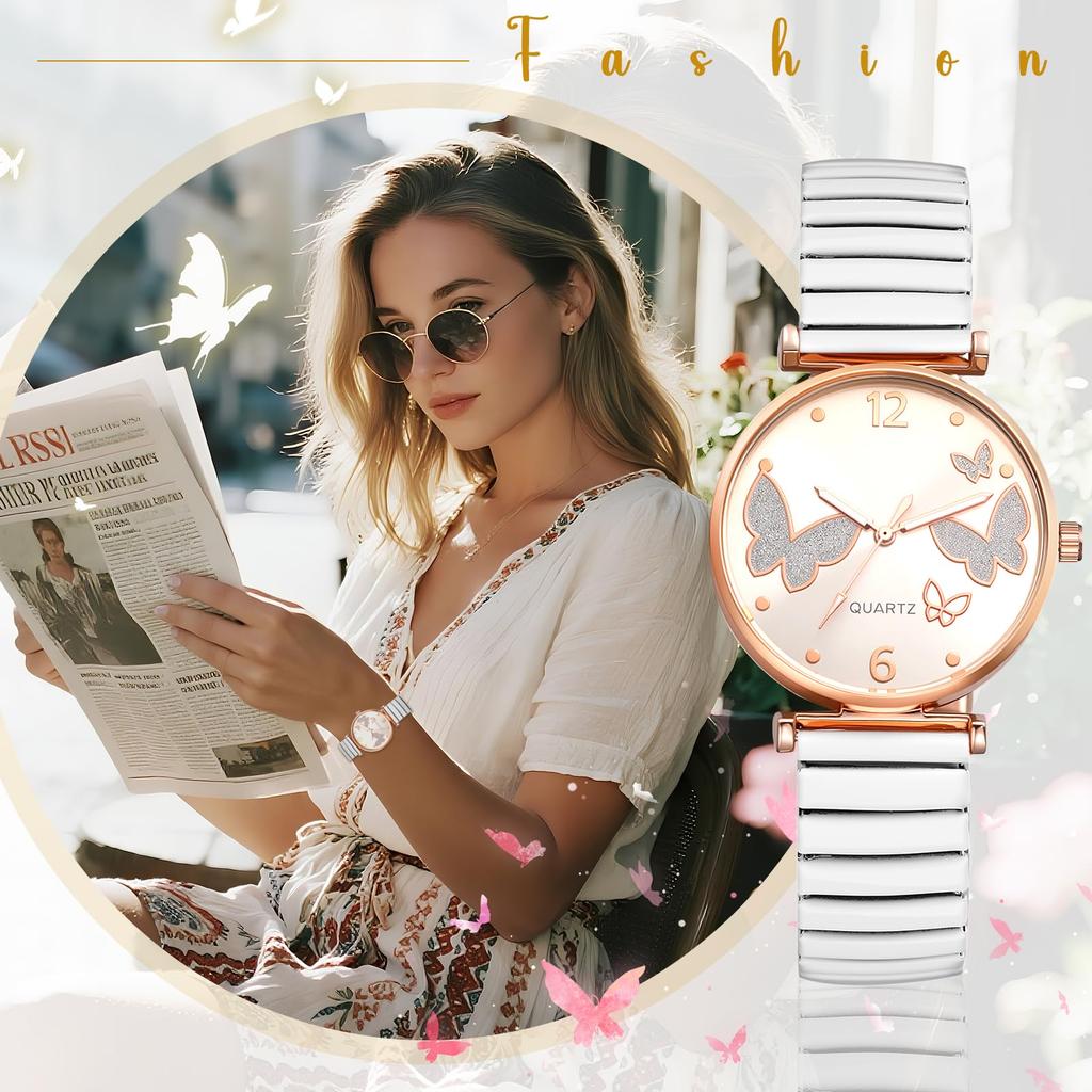Watch Butterfly Analog Stainless Steel Elastic Stretch Band Arabic Sunray Party Gift for White Friend Women's Charm Quartz, Sparkling, Bangle,