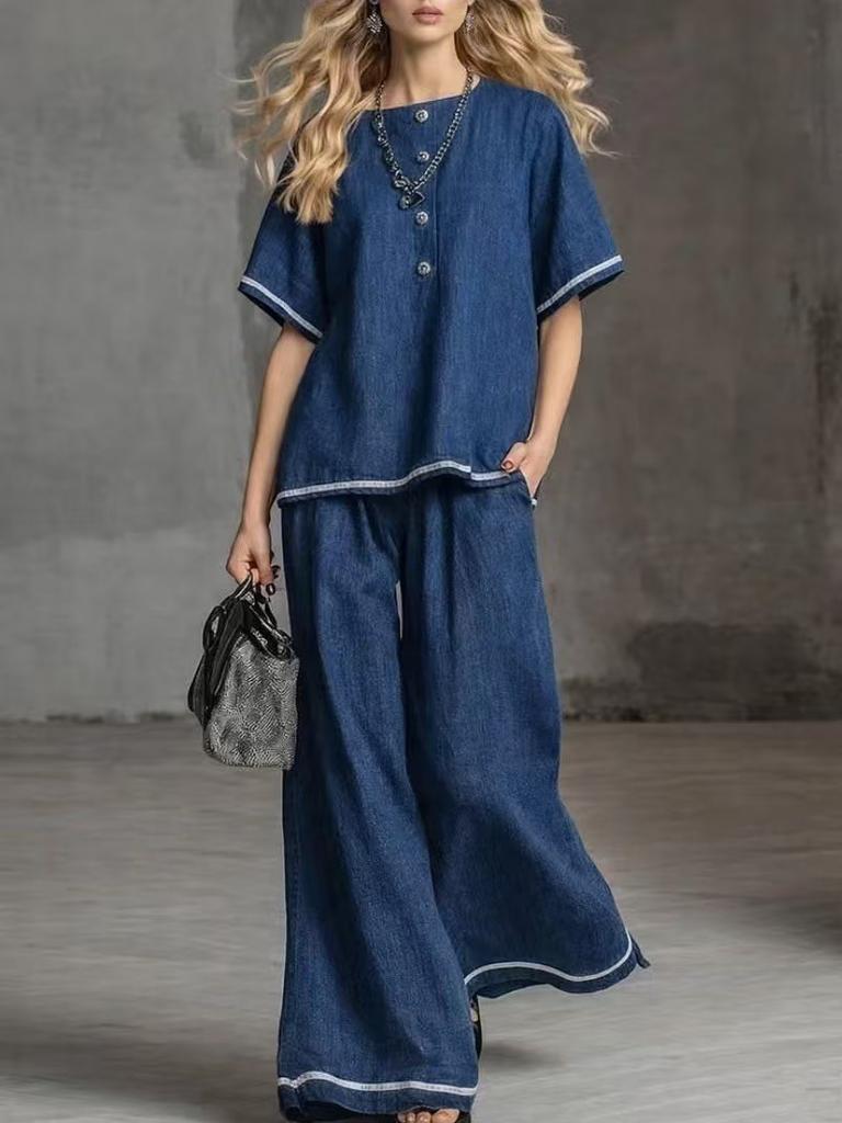 1116 European and American fashion contrasting color wide-leg pants two-piece set cotton and linen vacation style and daily comfortable wear for women