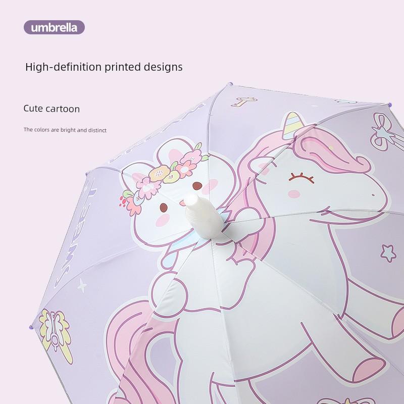 2026 New Model Children's Umbrella Cartoon Black Plastic Dual-Use Umbrella for Sun and Rain, Automatic Reflective Strip Long-Handle Umbrella for
