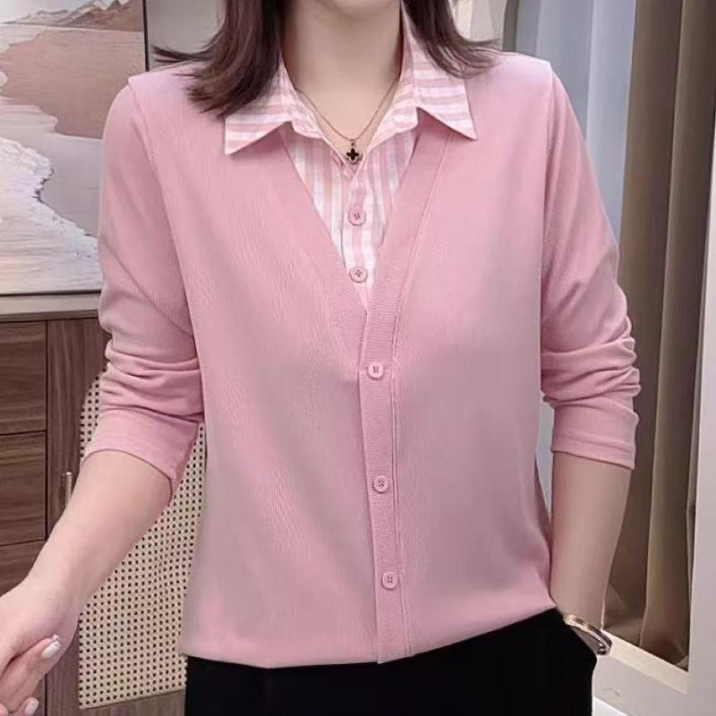 

pink fake two-piece shirt collar long sleeve button down blouse for women M розовый