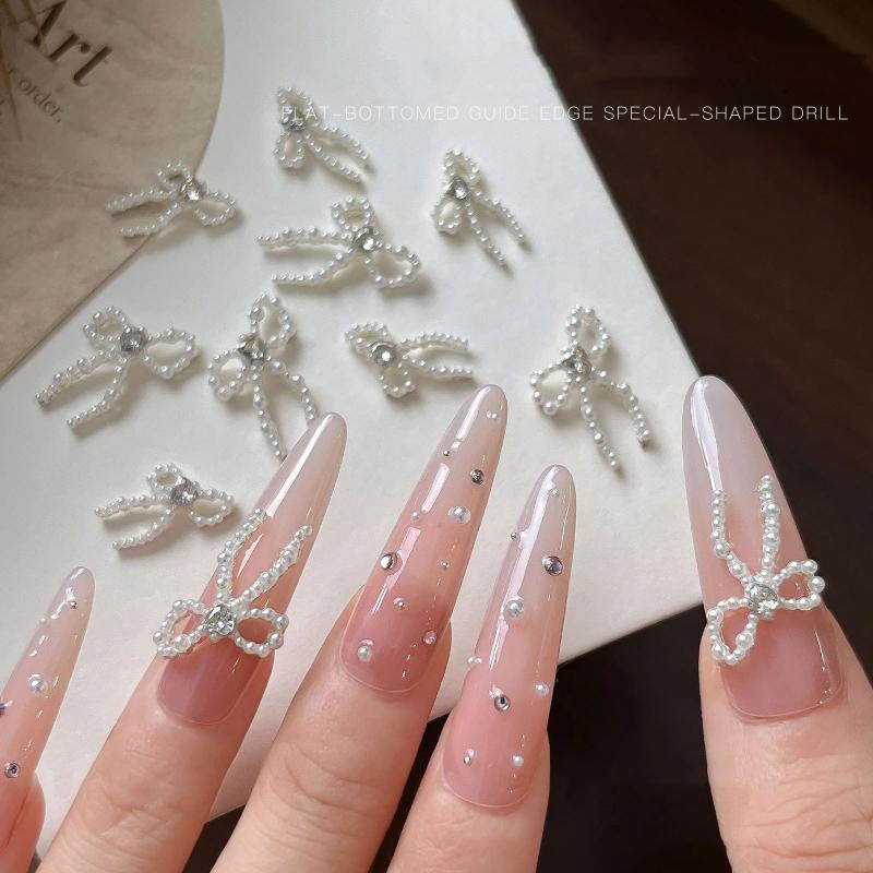 2 Pcs Pearlescent Bow Pearl Nail Art Accessories Ribbon Bow Ties Resin Trendy Nail Charms Decorations Diy Cute Nail Parts