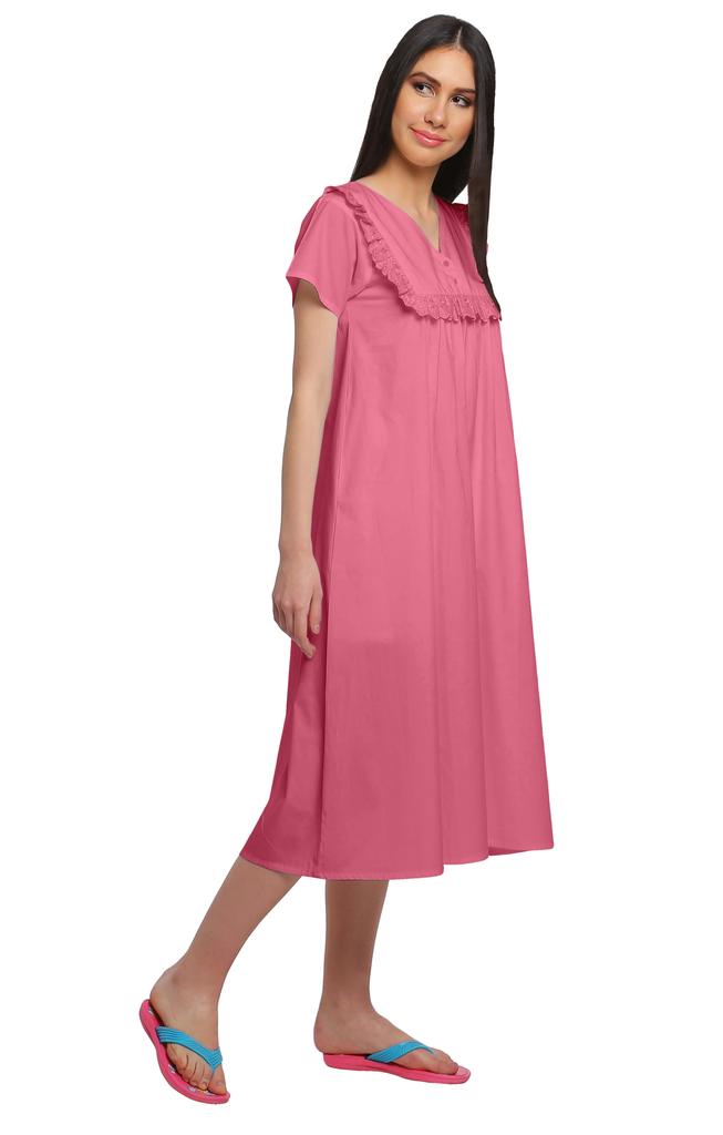 Moomaya Solid Short Sleeve Nightdress For Ladies Button Placket Nightwear