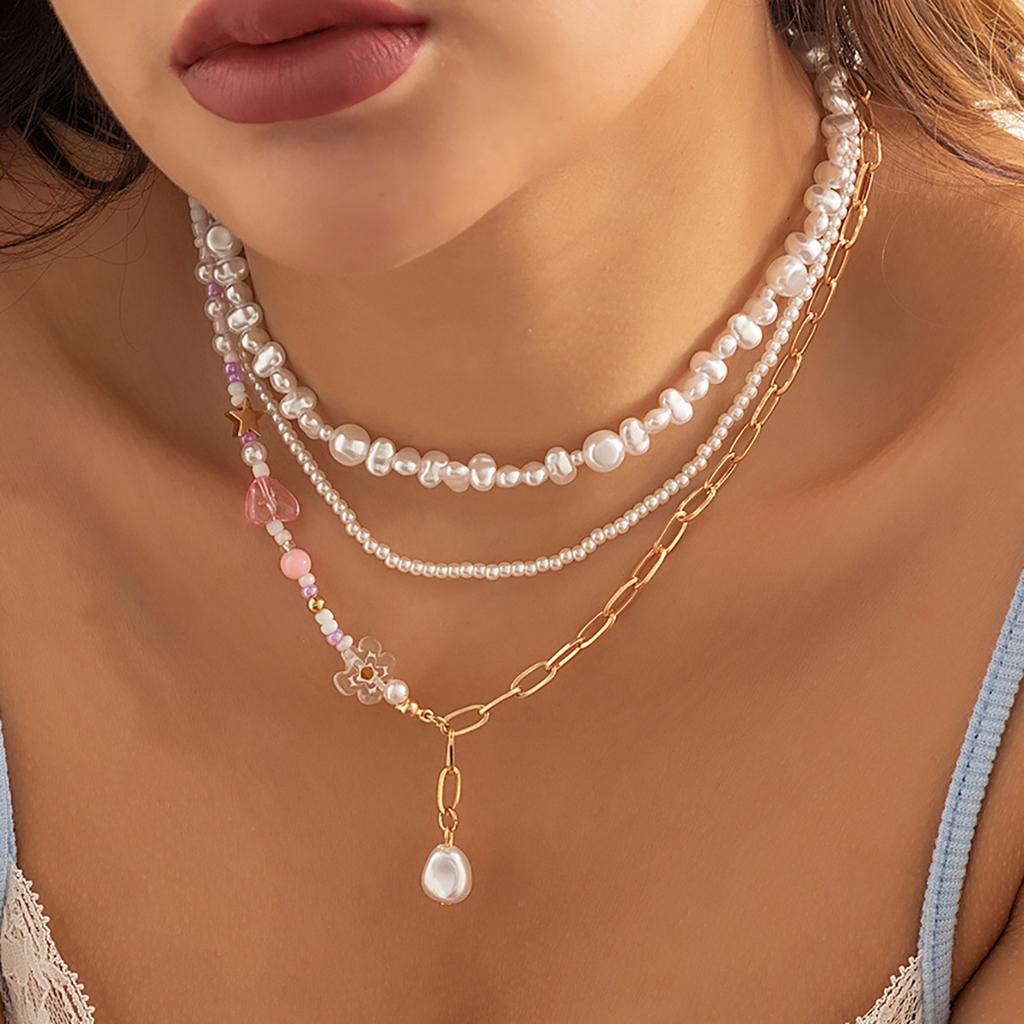 Accessories, Multi-layer Y-shaped Fringed Necklace, Simple Imitation Pearl Beaded Heart Flower Necklace for Women