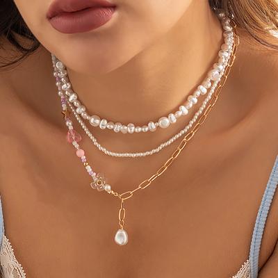 Accessories, Multi-layer Y-shaped Fringed Necklace, Simple Imitation Pearl Beaded Heart Flower Necklace for Women