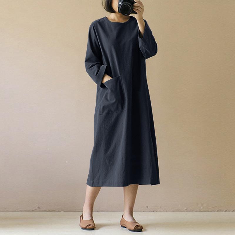 Abito midi in cotone e lino taglie forti da donna con tasche - Abito artistico vintage a maniche lunghe in stile giapponese per donne taglie forti