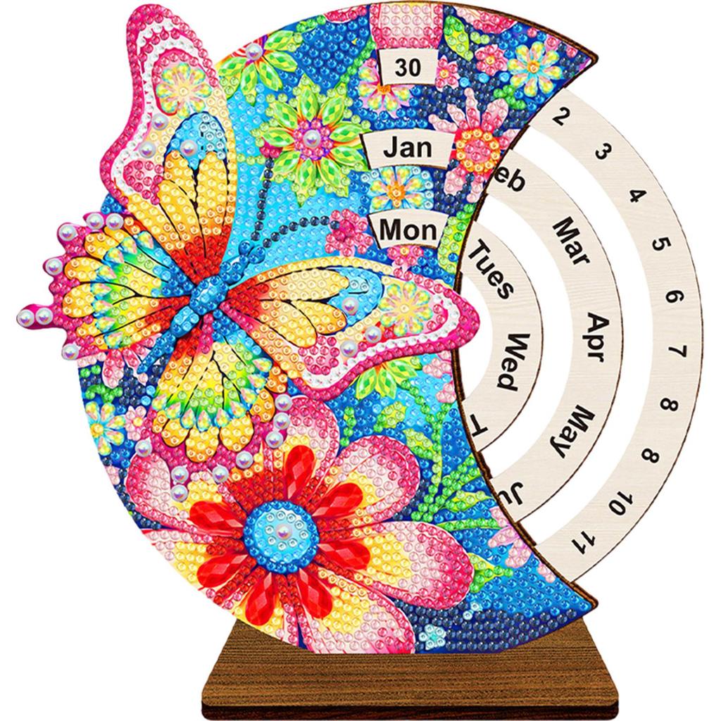 Diamond Painting Unique Wooden Rotating Calendar Perpetual Calendar with Rotating Month Day Week Desk Decor for Home and Office