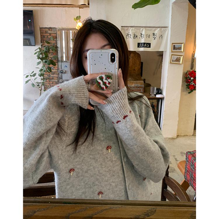 Korean Academy Style Round Neck Mushroom Stitch Knit Cardigan for Women - 2025 Spring/Autumn Loose Sweater Jacket