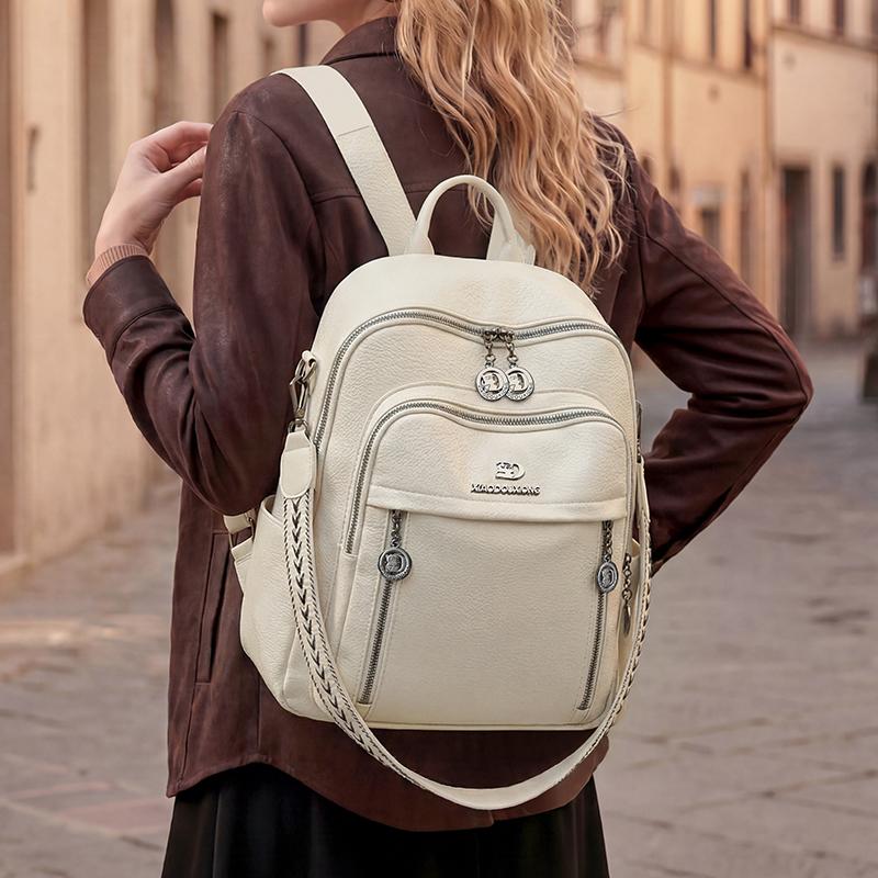 PU Convertible Backpack with Dual Front Vertical Zippers Casual Daypack for Women Daily Travel