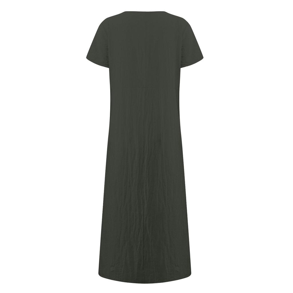 Women's Summer Fashion Casual Solid Color Short-sleeved Round Neck Pocket Loose Cotton And Linen Dress