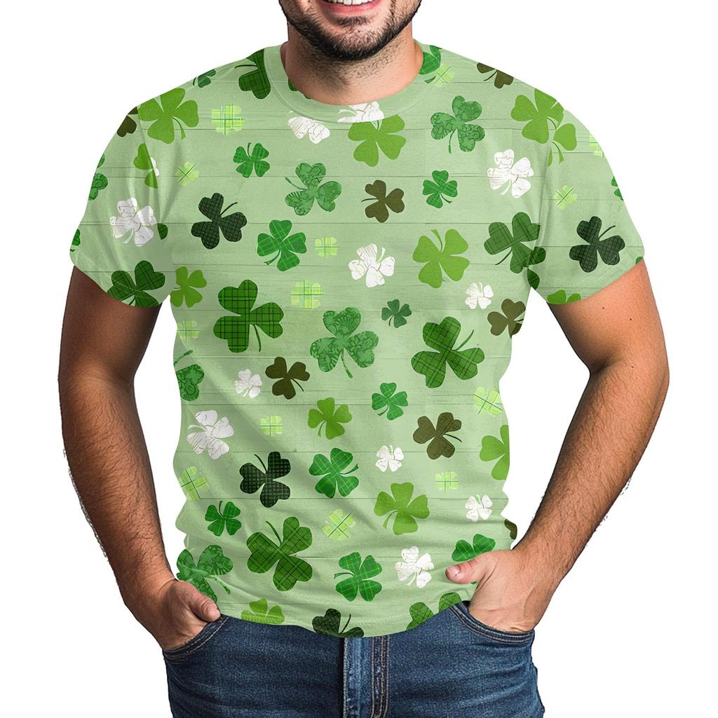 St. Patrick's Adult Green Crew-neck Short-sleeved Printed Green Three-leaf T-shirt