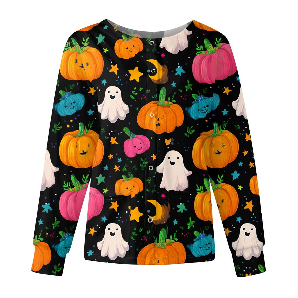 Women's Casual Fashion Long Sleeve Standing Collar Single Breasted Halloween Printed Workwear Jacket Tops