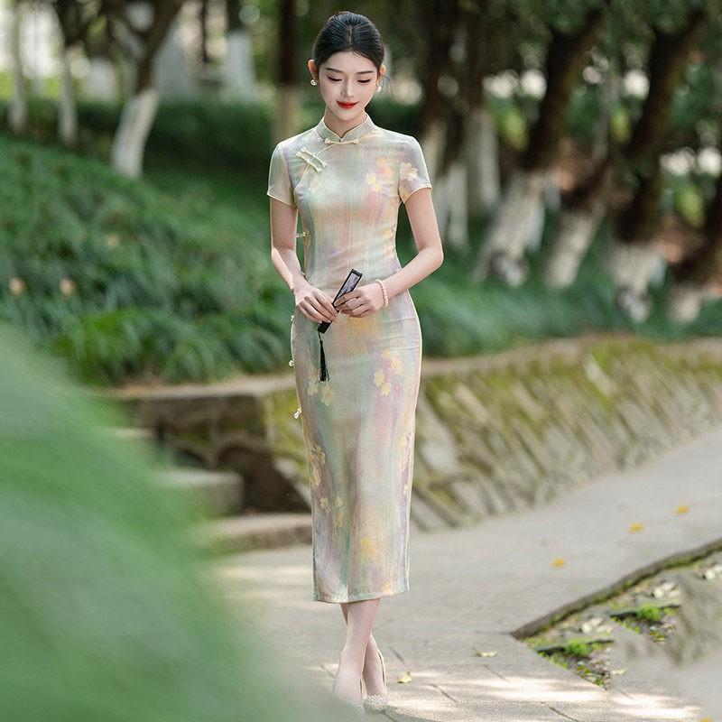 Modern Chinese-Inspired Long Cheongsam Dress Women 2026 Daily Wear Vintage Style With Stand Collar