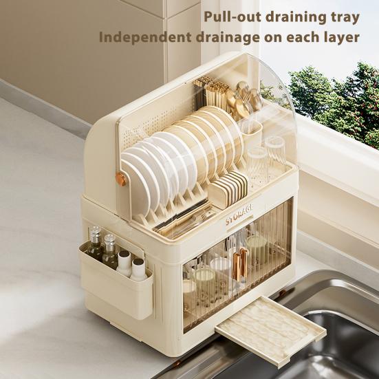 Stackable Tableware Storage Box Multi-Tier Dinnerware Organizer with Clear Lid Doors Hooks Dishes Plates Cups Storage Bins with Drainage Tray