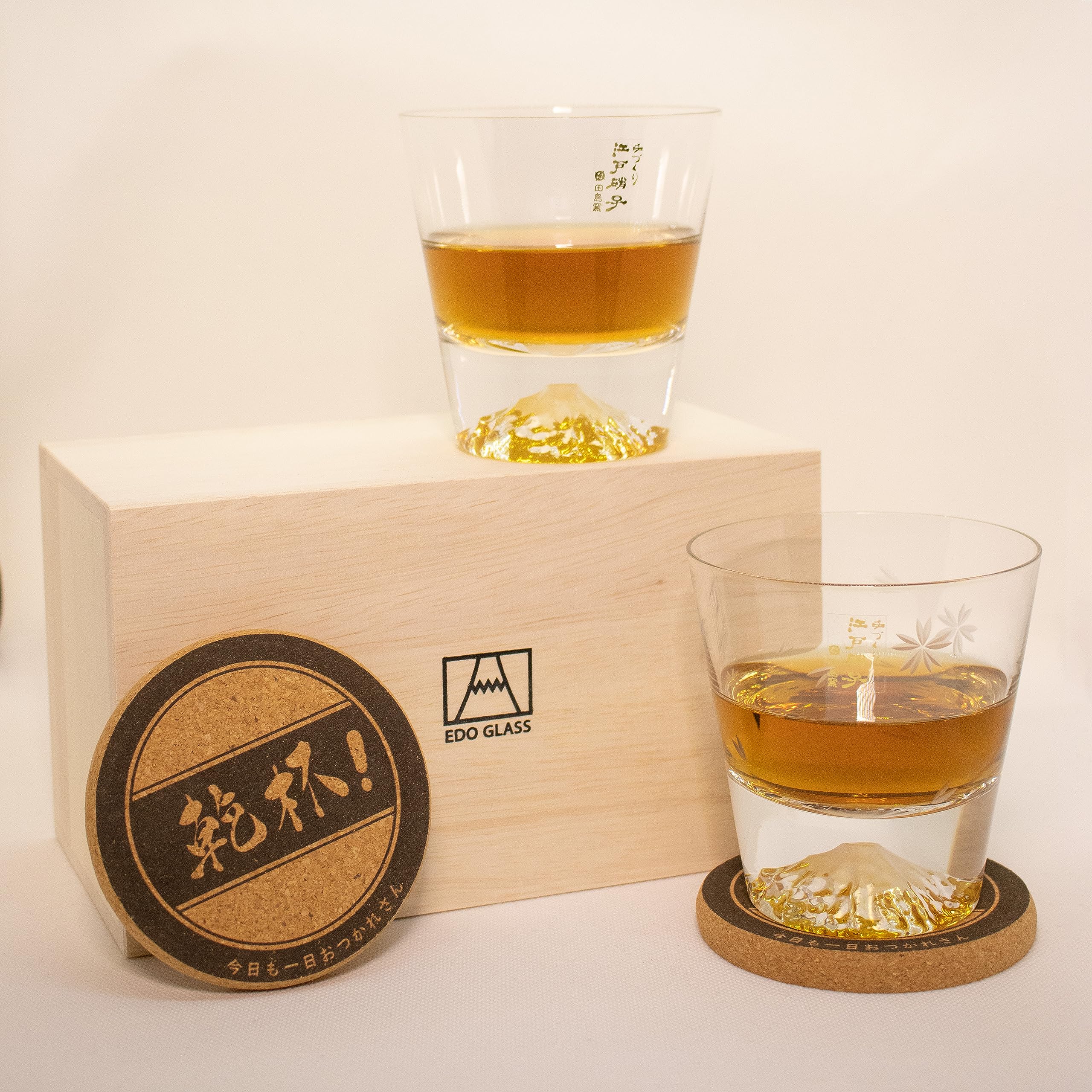 

Authentic Tajima Glass Handcrafted Sakura Kiriko Fuji Rocks Glass Set with From an Authorized Perfect for Respect for the Aged 60th and A popular gift