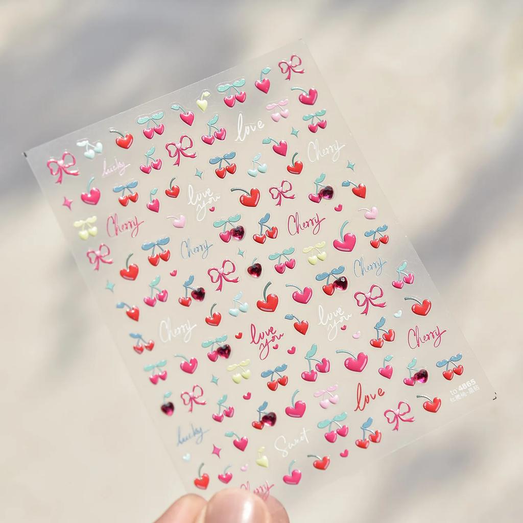 Fruit 5D Nail Art Sticker Apple Strawberry Cherry Love Hearts Bowknot Stars Cartoon Butterfly Manicure Decal DIY