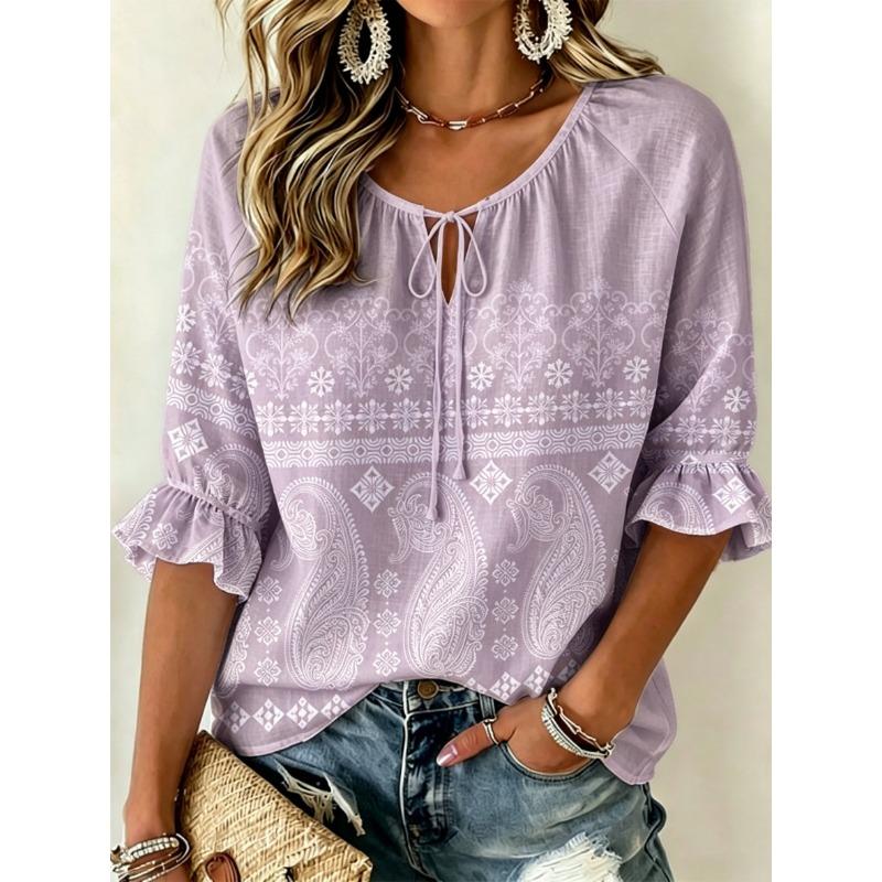 Women's Beige Paisley & Ethnic Print Tie Front Blouse, Casual Loose Top for Spring Summer Daily Wear