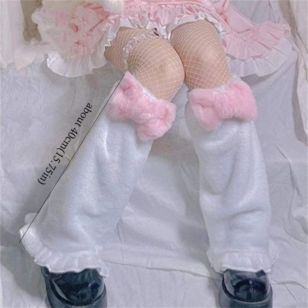 Plush Fur Leg Warmers Pink Bow Tie Leg Covers Kawaii Long Stockings  Japanese
