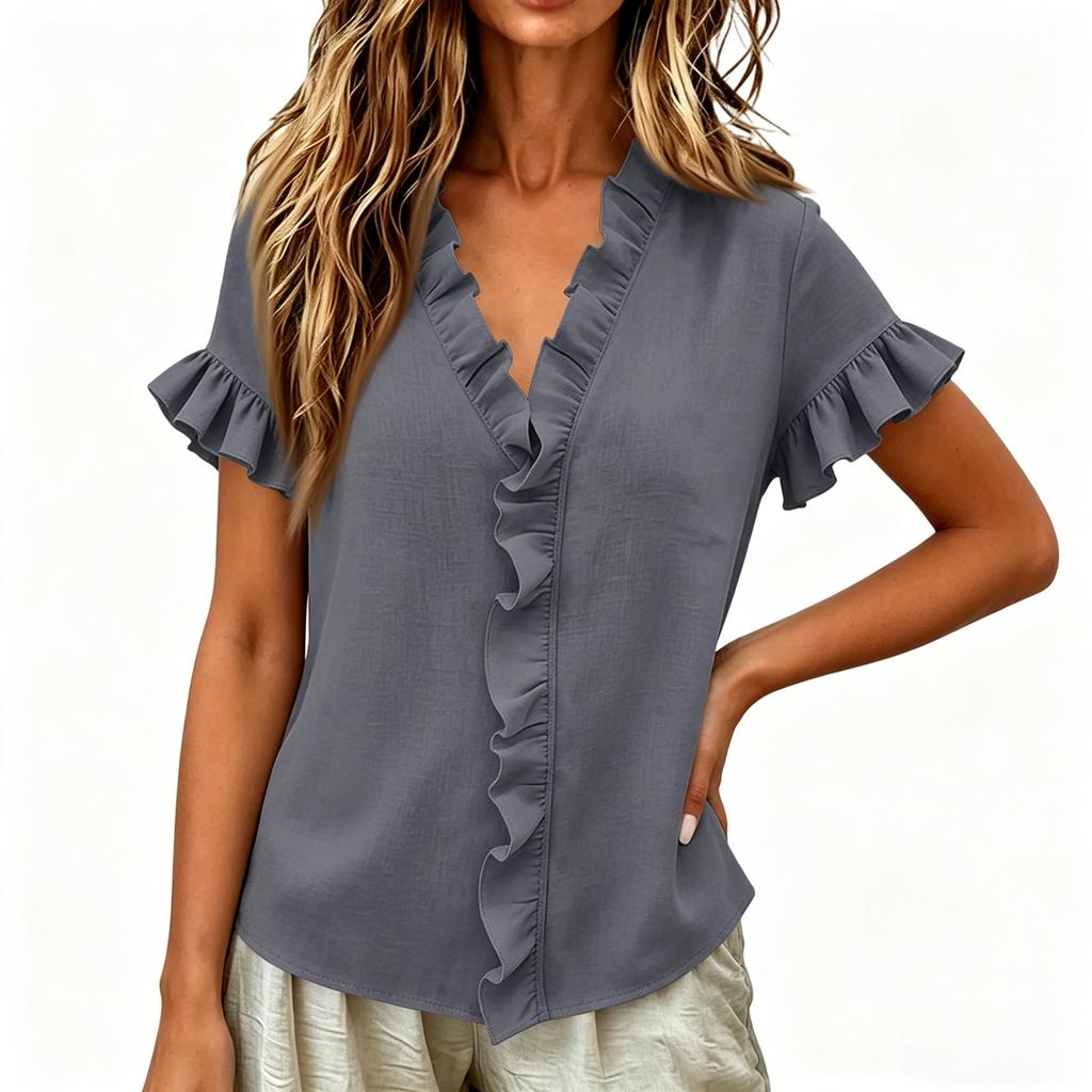 Womens Tops Cotton Linen  Short Sleeve V Neck Shirts Loose Top