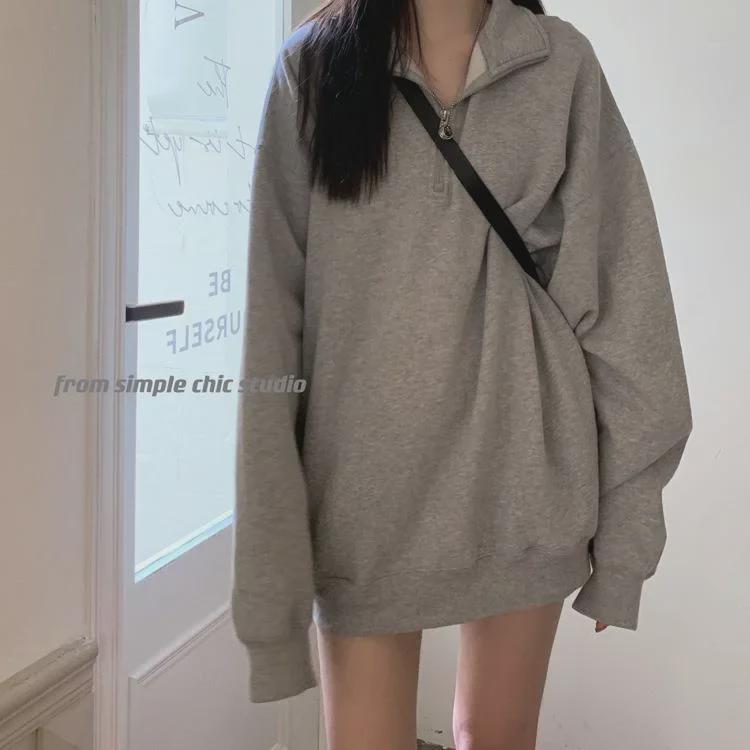 Spring 2024: Women's Loose Polo Collar Sweatshirt, Mid-Length BF Style Pullover for Students