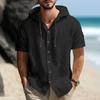 Summer Cotton Linen Shirt for Men Hooded Short Sleeve Solid Color Breathable Lightweight Drawstring Design Shirts Casual Basic Tees