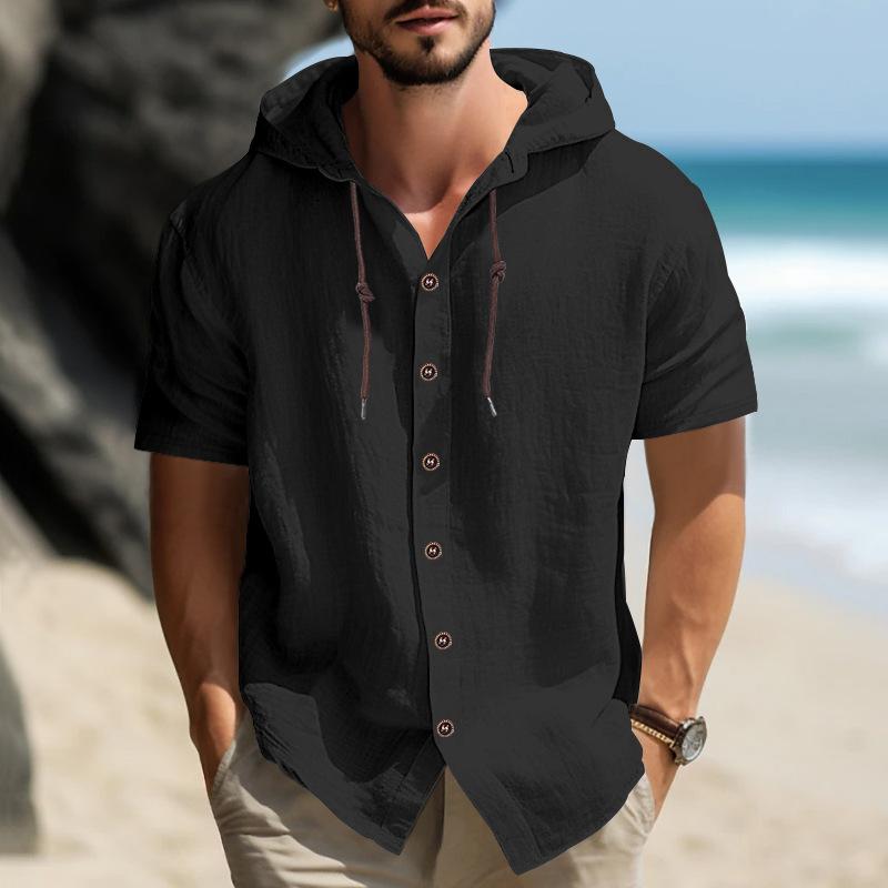 Summer Cotton Linen Shirt for Men Hooded Short Sleeve Solid Color Breathable Lightweight Drawstring Design Shirts Casual Basic Tees