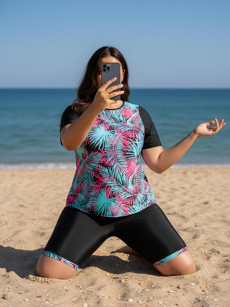 European & American Plus Size Two-Piece Swimsuit for Women - Sun Protection Vest & Printed Briefs with Red Leaves Design