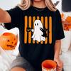 HOT Ghost Black Cat Halloween Shirt, Trendy Autumn Tshirt, Funny Striped Spooky