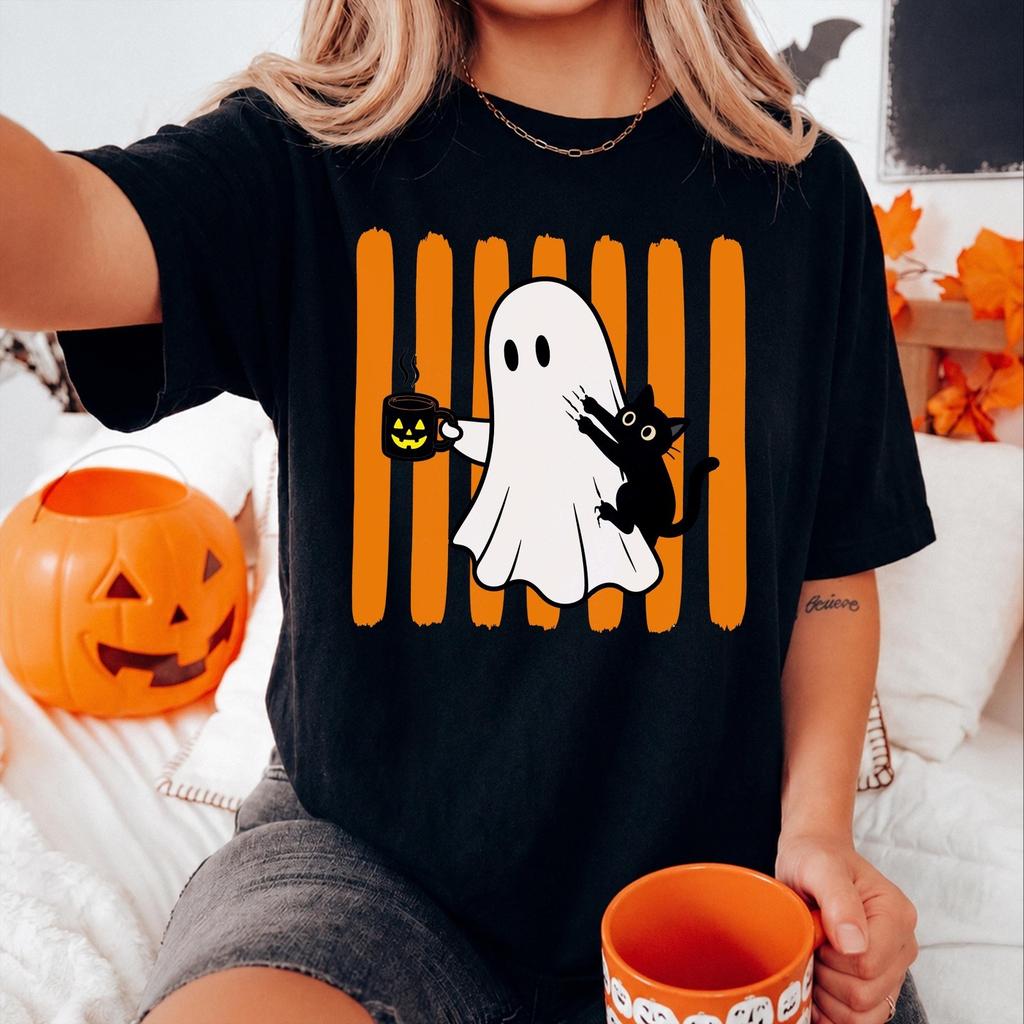HOT Ghost Black Cat Halloween Shirt, Trendy Autumn Tshirt, Funny Striped Spooky
