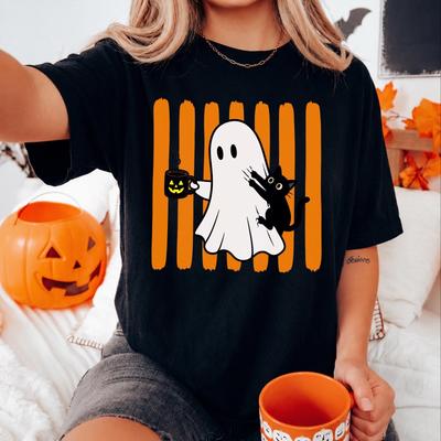 HOT Ghost Black Cat Halloween Shirt, Trendy Autumn Tshirt, Funny Striped Spooky