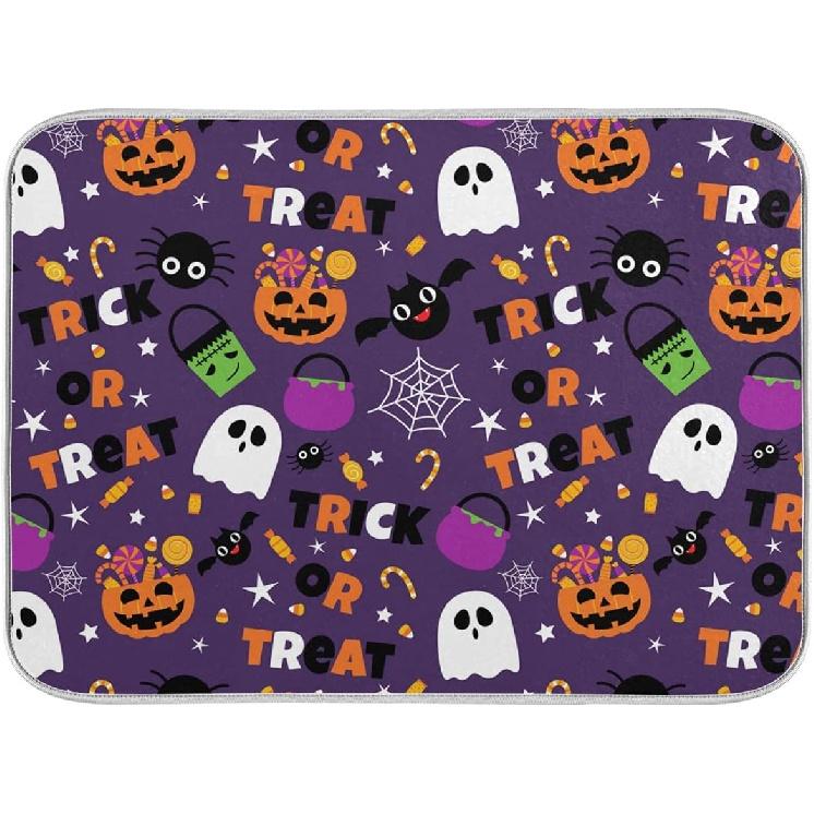 Happy Halloween Purple Pumpkin Fall Dish Drying Mat 16x18 for Kitchen Counter Trick or Treat Spooky Ghost Reversible Dishes Draining Mats Medium