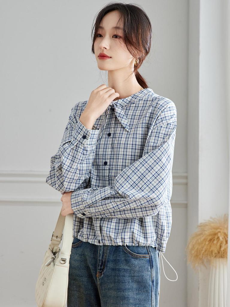 Jesień 2025 Damska Koszula w Kratę z Długim Rękawem i Kokardą