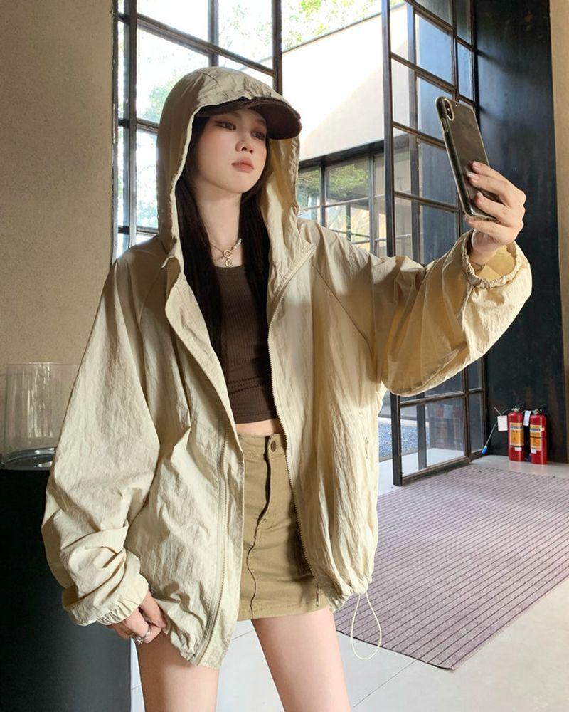 Women's Casual Sporty Long Sleeve Jacket - Spring Versatile Hooded Sun Protection Coat