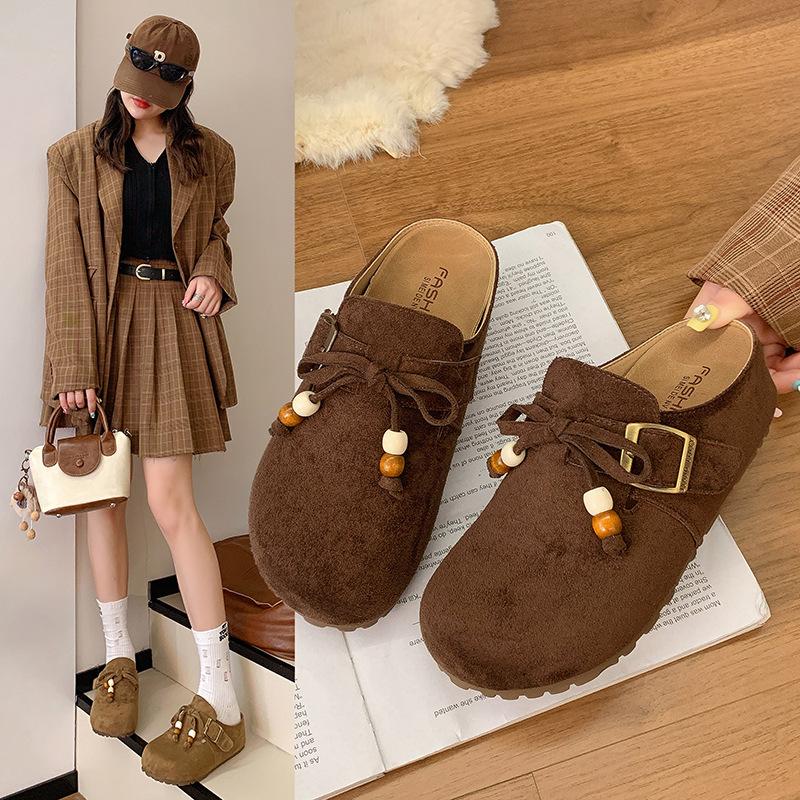 Boken Shoes Women's Retro Doll Head Casual Women's Shoes 2025 Autumn New One-pedal Lazy Soft Leather Soft-soled Single Shoes