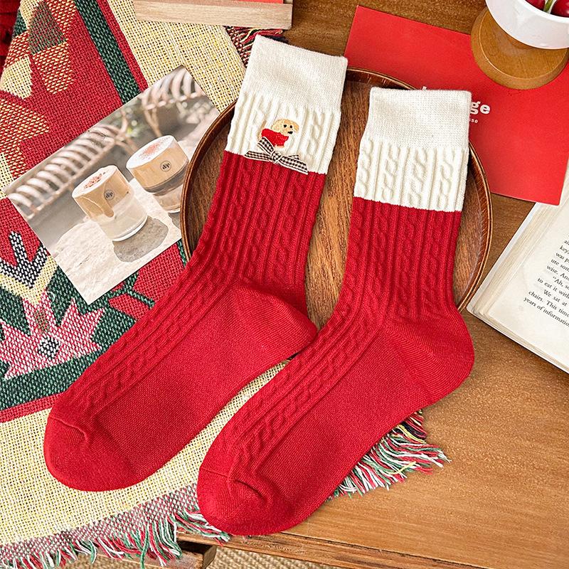 Female Spring and Autumn New Year Benming Year Red Cute Cartoon Tube Stack Socks
