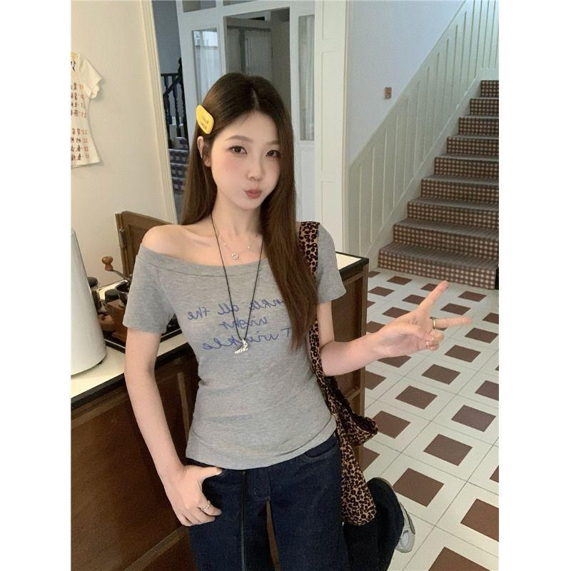 Modal cotton babes slanted shoulder letter print short-sleeved T-shirt women's summer sexy slim temperament short top