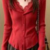 Women Spring Autumn French Style Knit Top Lace Patch Ruffle Lapel Fake 2‑piece Long Sleeve Elegant Slim Knitwear Pullover Blouse