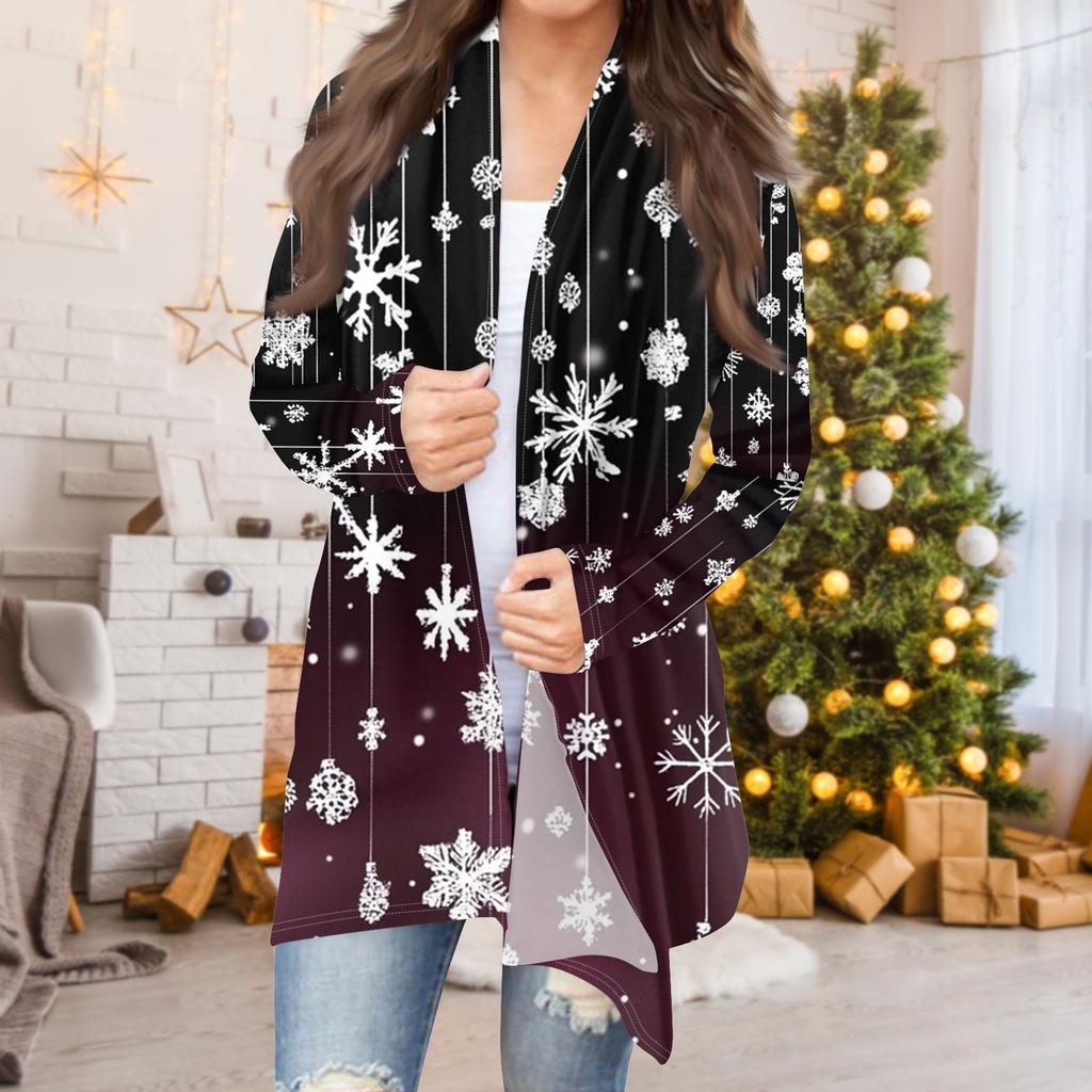 Women's Fashion Casual Christmas  Print Medium Length Cardigan Jacket Coat