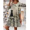 3D Funny Cartoon Cat Print Mini Dress Vintage Loose A-Line Casual Dress Autumn New Women's Long Sleeve O-Neck Sweet Kawaii Dress