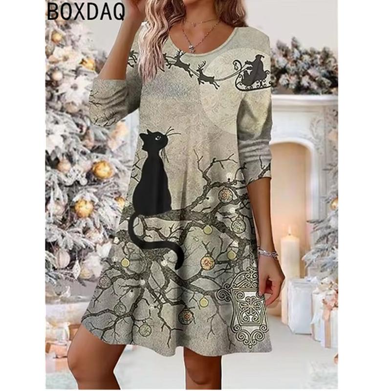 3D Funny Cartoon Cat Print Mini Dress Vintage Loose A-Line Casual Dress Autumn New Women's Long Sleeve O-Neck Sweet Kawaii Dress